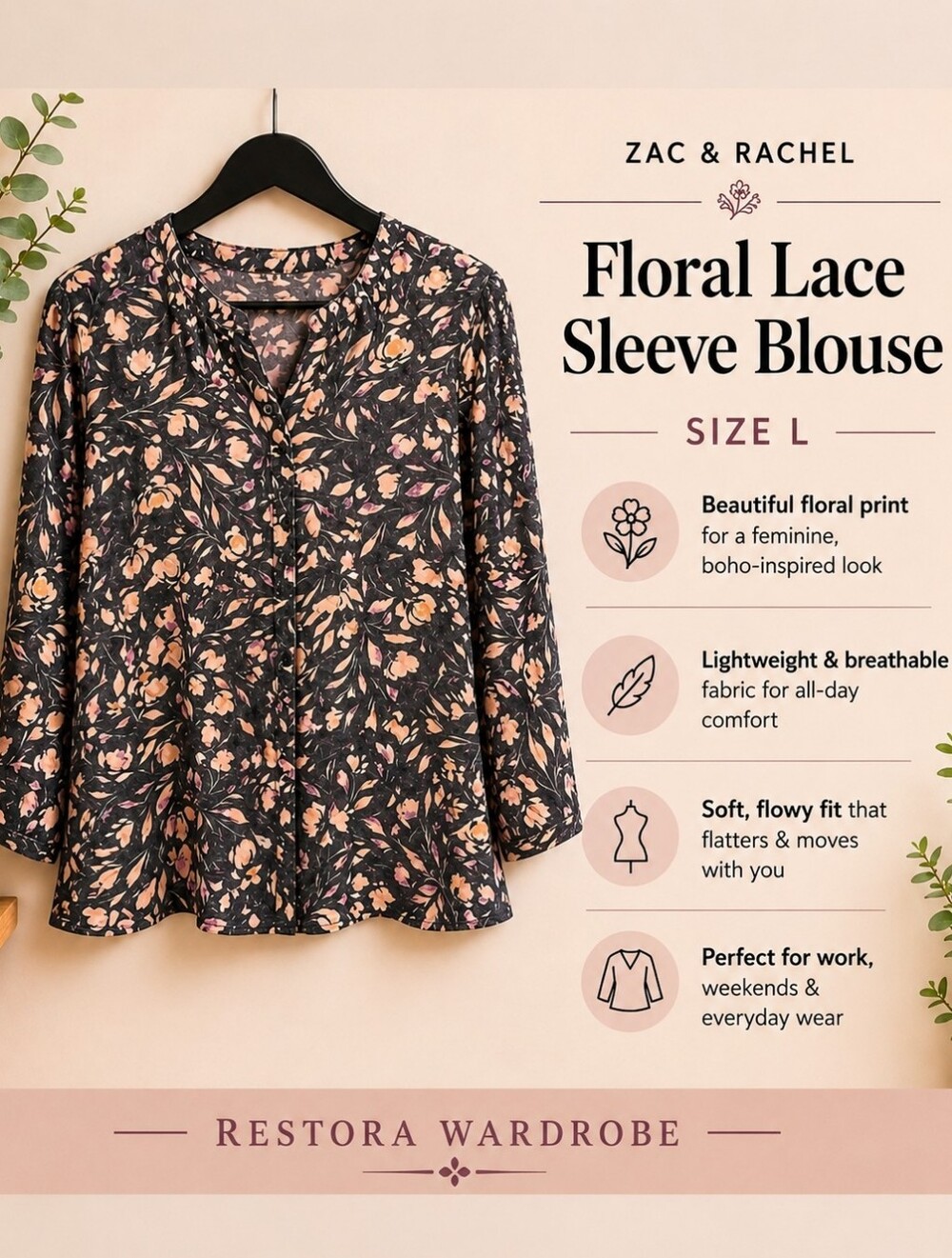 Zac & Rachel Sheer Floral Blouse Size L Crochet Lace Trim Boho Tunic Top